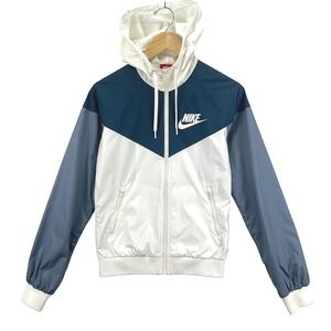 Nike Women's S Windrunner Hooded Chevron Jacket White Blue Full Zip Athletic